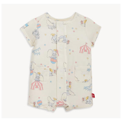 Dumbo Circus modal romper featuring colorful circus-themed illustrations with two pockets and a button closure.