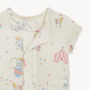 Dumbo Circus Modal Magnetic Romper featuring a playful Dumbo print with stars and a circus tent design.