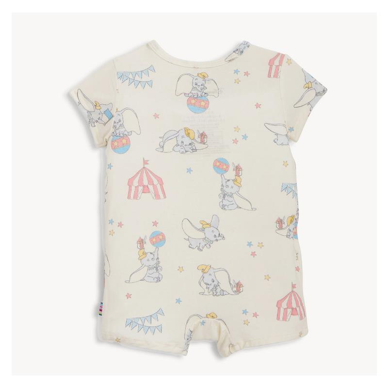 Dumbo Circus-themed romper features cartoon elephants, circus tents, and stars on a light background.