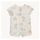 Dumbo Circus-themed romper features cartoon elephants, circus tents, and stars on a light background.
