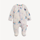 Ruffle footie with Frozen characters, featuring Elsa and Anna on a light background, designed for infants.