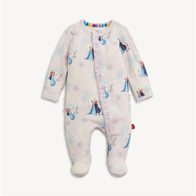 Ruffle footie with Frozen characters, featuring Elsa and Anna on a light background, designed for infants.