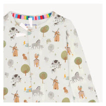 Organic cotton baby footie featuring various farm animals and scenery in soft pastel colors.