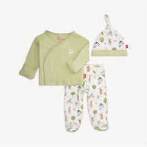 Kimono set featuring a light green wrap top, patterned leggings with animals and trees, and a matching hat.