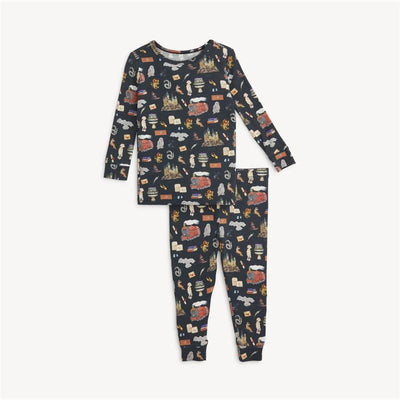 Long sleeve Harry Potter-themed pajamas featuring a print of magical elements and characters on a dark background.