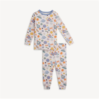 Modal long sleeve pajamas featuring a playful space-themed print with rockets, planets, and suns.