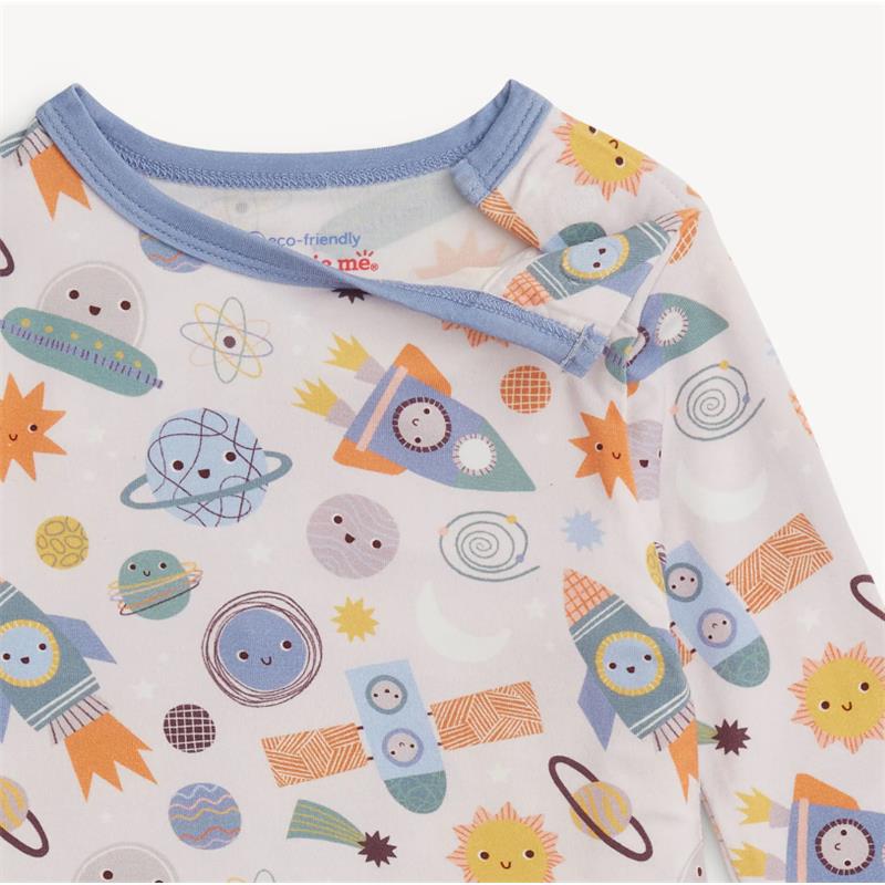 Modal long sleeve pajamas featuring a playful space-themed print with rockets, planets, and cheerful suns.