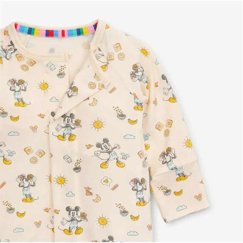 Modal coverall featuring Mickey Mouse and friends, adorned with brunch-themed patterns and a colorful collar.