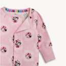 Minnie Mouse-themed pink coverall featuring a fun pattern of Minnie images and a colorful striped neckline.