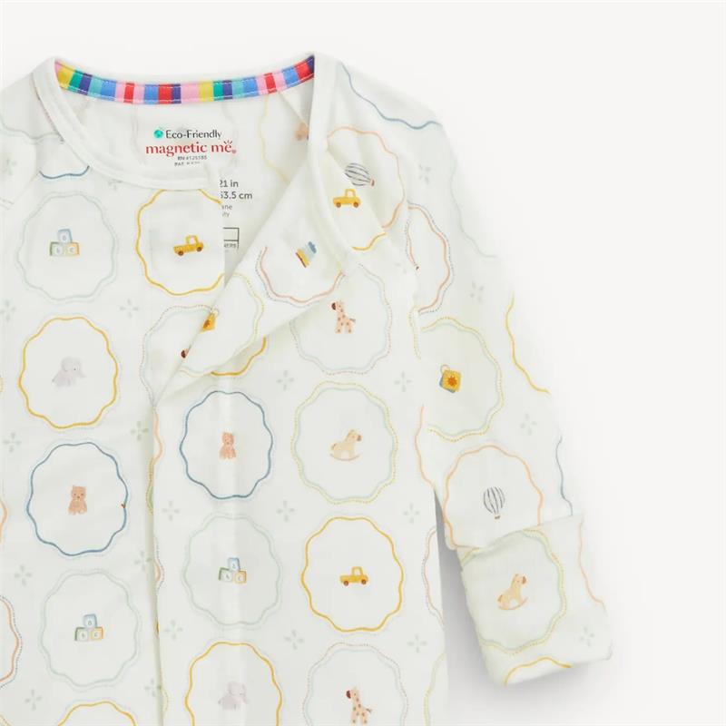 Cream modal convertible coverall with colorful nursery-themed prints, featuring toys, animals, and pastel colors.