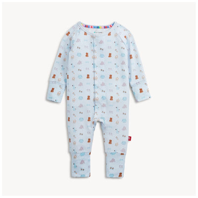 Blue modal convertible coverall featuring a playful animal print, ideal for infants and toddlers.