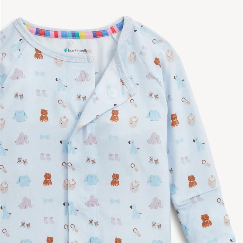 Blue modal convertible coverall featuring an assortment of cute nursery-themed illustrations, including teddy bears and baby items.
