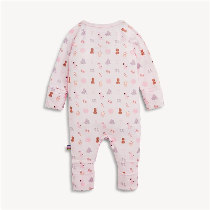 Convertible coverall in pink modal with playful nursery-themed prints, featuring long sleeves and footed design.