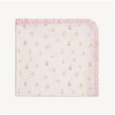 Pink baby blanket featuring whimsical baby animal patterns and a ruffled pink border. One size.