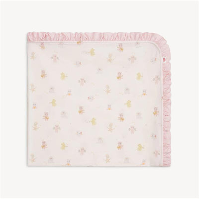 Pink baby blanket featuring whimsical baby animal patterns and a ruffled pink border. One size.