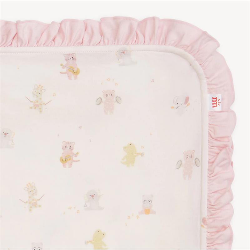Pink baby blanket with a soft ruffled edge, featuring playful animal illustrations playing instruments.