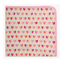 Pink Xoxo modal baby blanket featuring a pattern of various hearts in pink, orange, and purple, with a pink border.