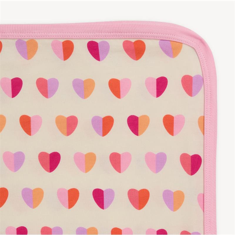 Pink Xoxo modal baby blanket featuring a pattern of colorful hearts on a beige background with a pink border.