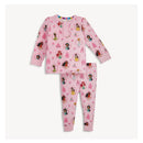 Long sleeve pink pajama set featuring princess illustrations, including castles, with matching pants.