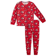 Red long-sleeve pajama set featuring playful characters and a matching pair of pants, designed for kids.