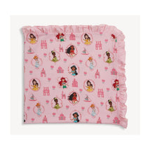 Baby blanket featuring a pink floral pattern with Disney princesses and castle illustrations, bordered with ruffled trim.