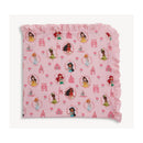 Baby blanket featuring a pink floral pattern with Disney princesses and castle illustrations, bordered with ruffled trim.