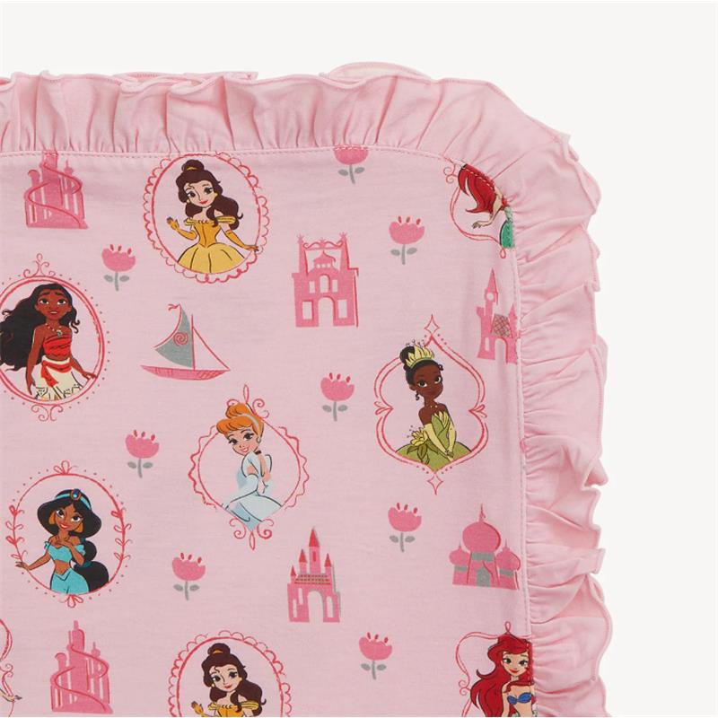 Pink baby blanket featuring princess motifs, floral patterns, and a ruffled border.