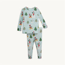 Long sleeve pajamas featuring whimsical winter-themed designs, including snowmen, Christmas trees, and festive characters.