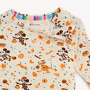 Long sleeve pajama featuring a Halloween-themed pattern with Mickey Mouse and a tiger among pumpkins and bats.