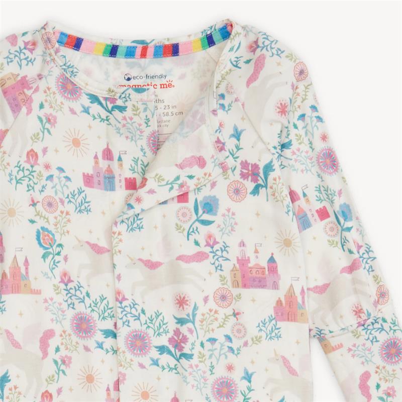 Modal convertible coverall featuring a colorful fairy-tale pattern with castles, unicorns, and flowers. Eco-friendly design.