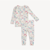 Modal long sleeve pajamas featuring a whimsical print of castles, flowers, and marine life in pastel colors.