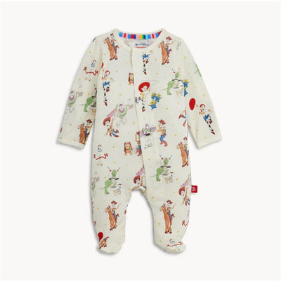 White footie featuring colorful Toy Story characters, including Woody, Buzz Lightyear, and Jessie, with a snap closure.