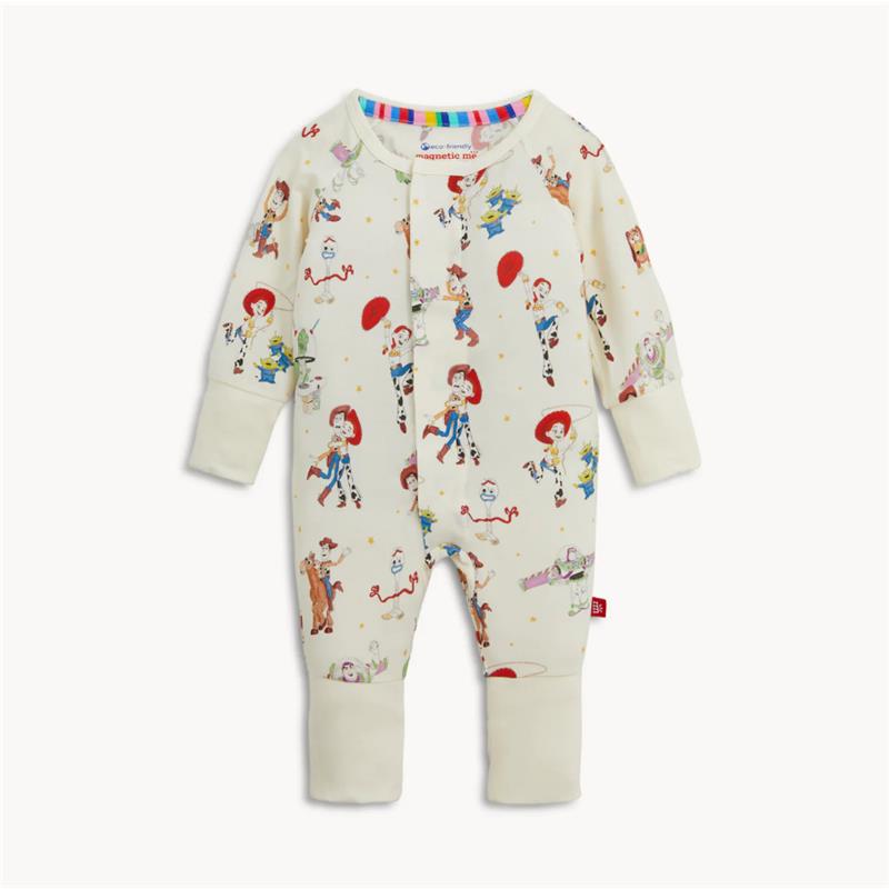 Modal coverall featuring Toy Story characters, including Woody, Buzz Lightyear, and Jessie, on a cream background.