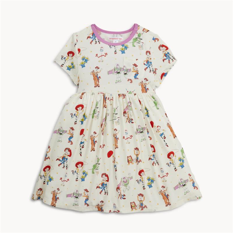Short sleeve dress featuring Toy Story characters, including Woody, Buzz Lightyear, and Jessie, in a playful print.