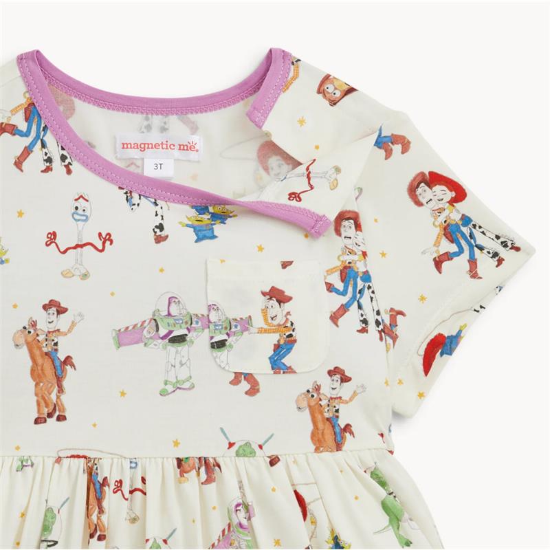Modal short sleeve dress by Magnetic Me featuring Toy Story characters Woody, Buzz Lightyear, and others on a light background.