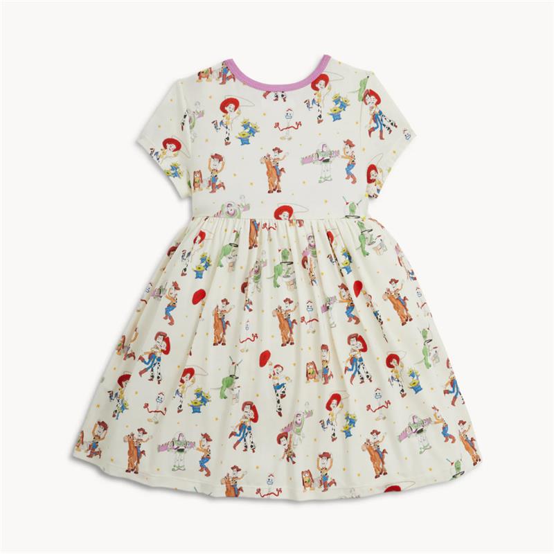 Short sleeve dress featuring Toy Story characters, including Woody, Buzz, and Jessie, on a light background.