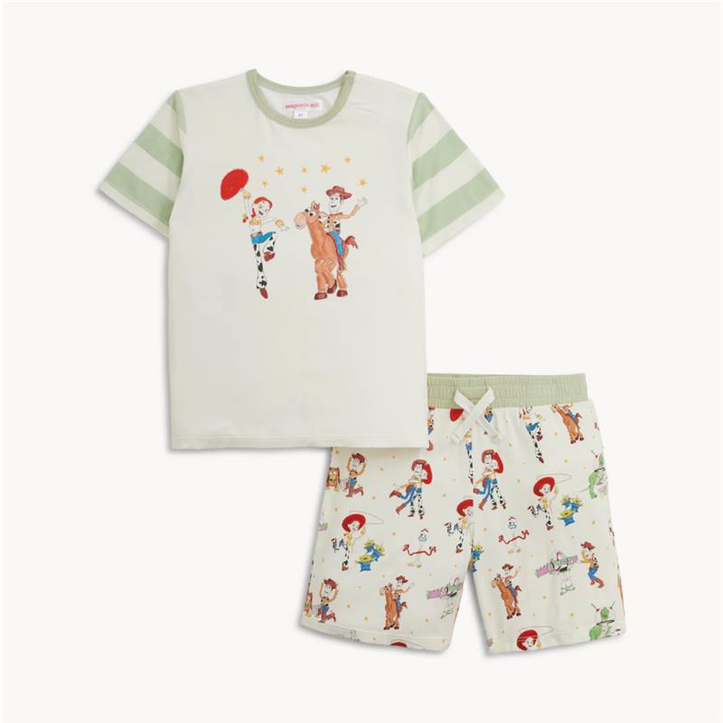 Short sleeve shirt with Woody and friends graphic and patterned shorts featuring Toy Story characters.