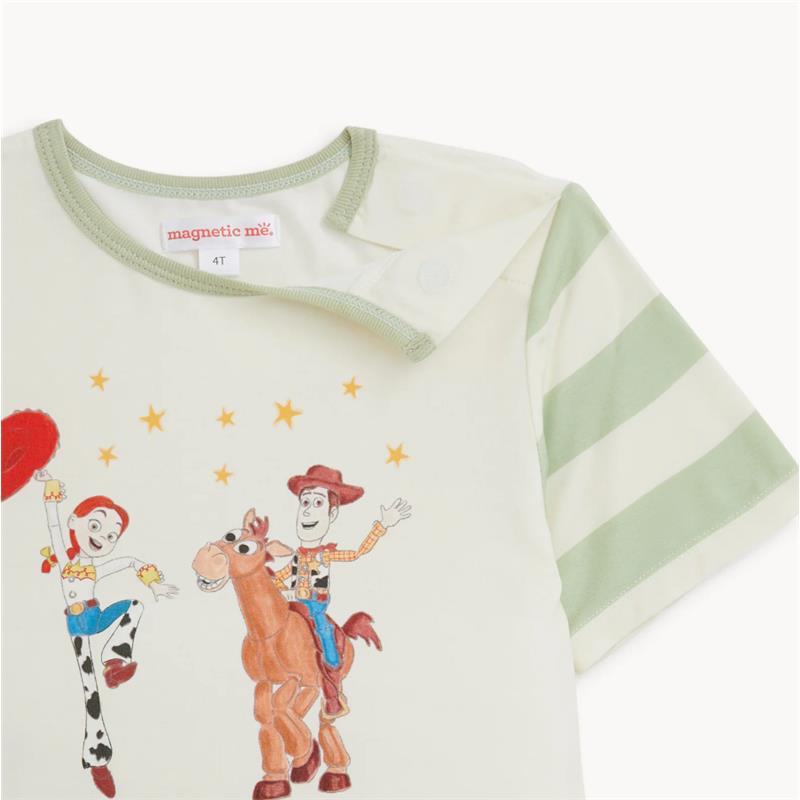Short sleeve short set featuring Toy Story characters Woody and Jessie, with green striped sleeves and snap closure.