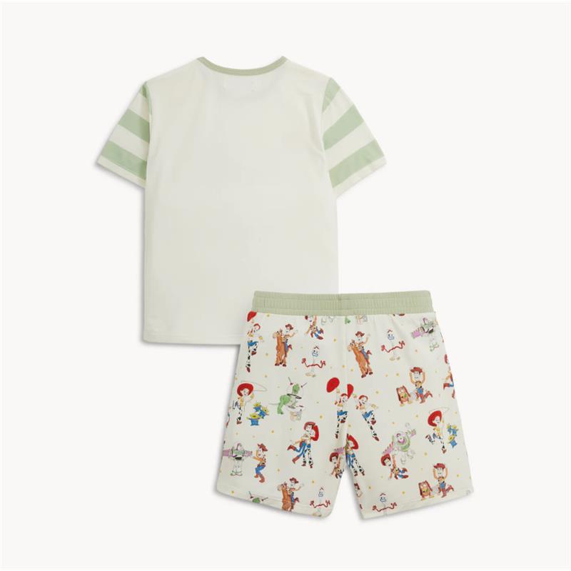 Short sleeve modal set featuring Toy Story characters, with a solid green-striped top and patterned shorts.