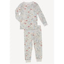 Long sleeve pajama set featuring a cityscape pattern with cars and buildings, designed for children.