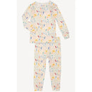 Long sleeve pajama set for children featuring colorful doodle designs and playful patterns on a light background.