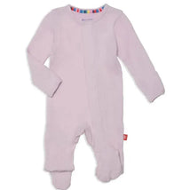 Lilac waffle modal footie pajama with long sleeves and colorful print collar, featuring footed design and a tag.