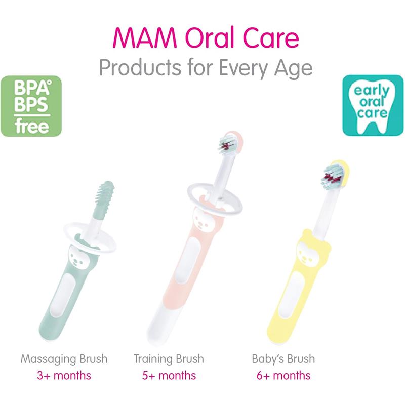 MAM 2Pk Baby Toothbrush set in pink, includes a training brush and massaging brush, designed for infants aged 6 months and older.