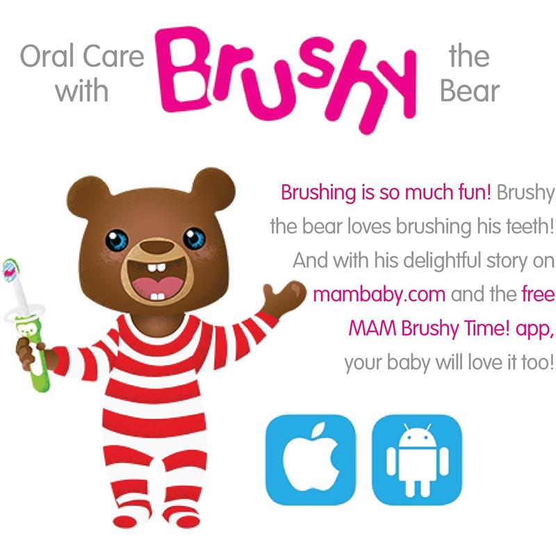 Pink Mam 2Pk Baby Toothbrushes alongside Brushy the Bear, promoting fun oral care for children with a playful design.