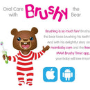 Pink Mam 2Pk Baby Toothbrushes alongside Brushy the Bear, promoting fun oral care for children with a playful design.