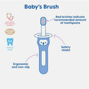 Pink Mam 2Pk Baby Toothbrush with red bristles for toothpaste amount, safety shield, and ergonomic non-slip design.