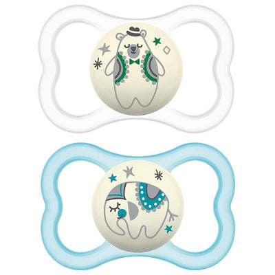 Two MAM baby pacifiers designed for ages 6 to 16 months, featuring a bear and elephant design, glow in the dark.