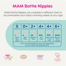 MAM Bottle Nipples offer different flow rates for ages 0 months and up, made from high-quality silicone.