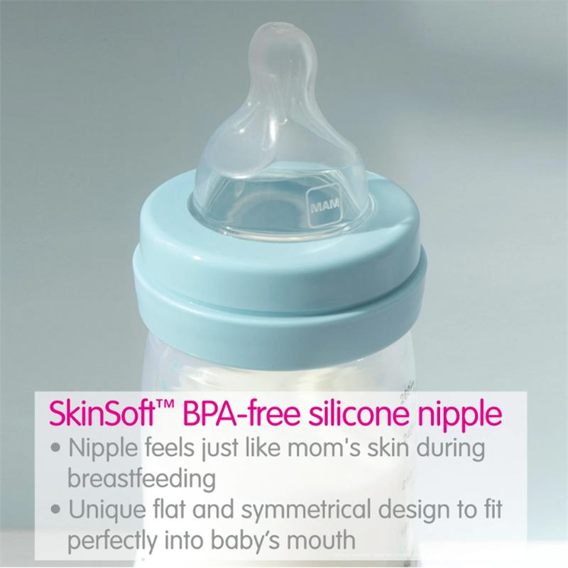 BPA-free silicone nipple with a light blue collar, designed for babies 0M+, promoting breastfeeding-like feel.