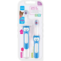 2-pack learn-to-brush set from MAM, includes a training brush and a baby brush, both with safety shields and bear designs.